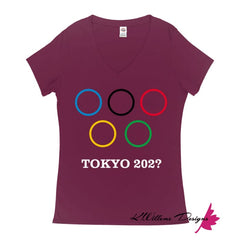 Covid-19 Tokyo 2020 Ladies V-Neck T-Shirts - Berry / Small (S)