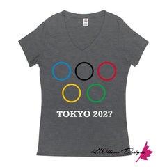 Covid-19 Tokyo 2020 Ladies V-Neck T-Shirts - Charcoal Heather / Small (S)