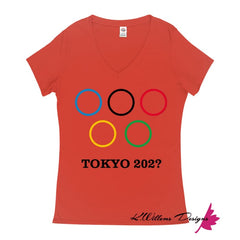 Covid-19 Tokyo 2020 Ladies V-Neck T-Shirts - Deep Coral / Small (S)