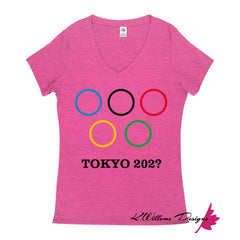 Covid-19 Tokyo 2020 Ladies V-Neck T-Shirts - Heliconia Heather / Small (S)