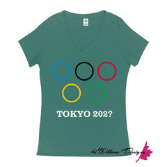 Covid-19 Tokyo 2020 Ladies V-Neck T-Shirts - Jade / Small (S)