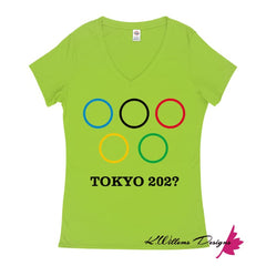 Covid-19 Tokyo 2020 Ladies V-Neck T-Shirts - Lime / Small (S)