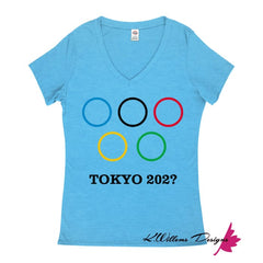 Covid-19 Tokyo 2020 Ladies V-Neck T-Shirts - Turquoise Heather / Small (S)